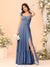 A-Line/Princess Square Neck Sleeveless Floor-Length Bridesmaid Dresses With Side Slit & Ruffles