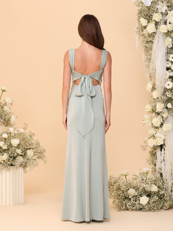 Sheath/Column Square Neck Sleeveless Floor-Length Ruched Bridesmaid Dresses With Side Slit