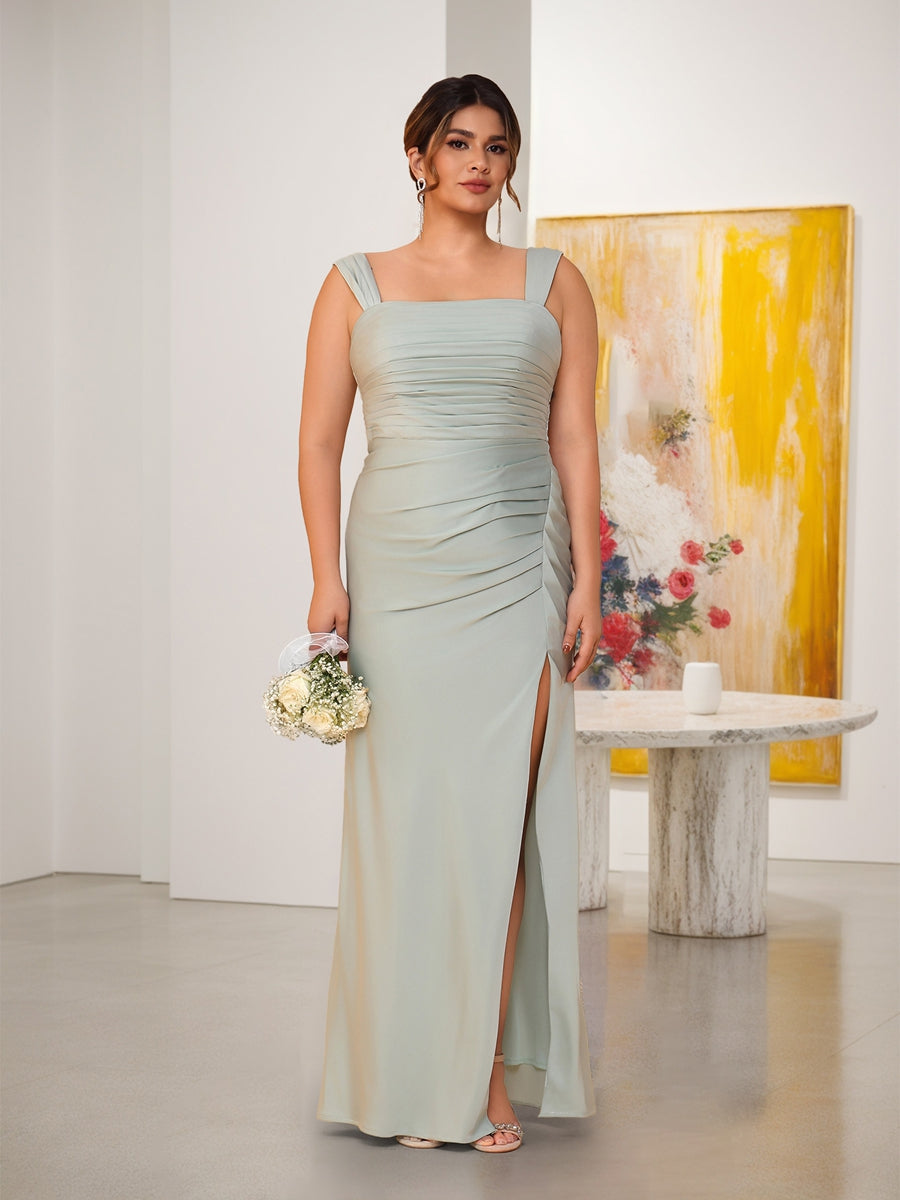 Sheath/Column Square Neck Sleeveless Floor-Length Ruched  Plus Size Bridesmaid Dresses With Side Slit