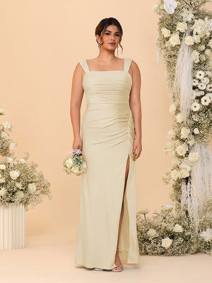 Sheath/Column Square Neck Sleeveless Floor-Length Ruched  Plus Size Bridesmaid Dresses With Side Slit