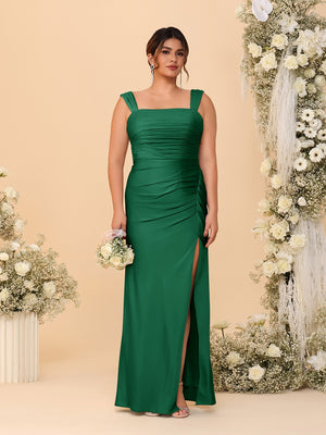 Sheath/Column Square Neck Sleeveless Floor-Length Ruched  Plus Size Bridesmaid Dresses With Side Slit