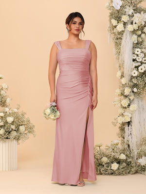 Sheath/Column Square Neck Sleeveless Floor-Length Ruched  Plus Size Bridesmaid Dresses With Side Slit
