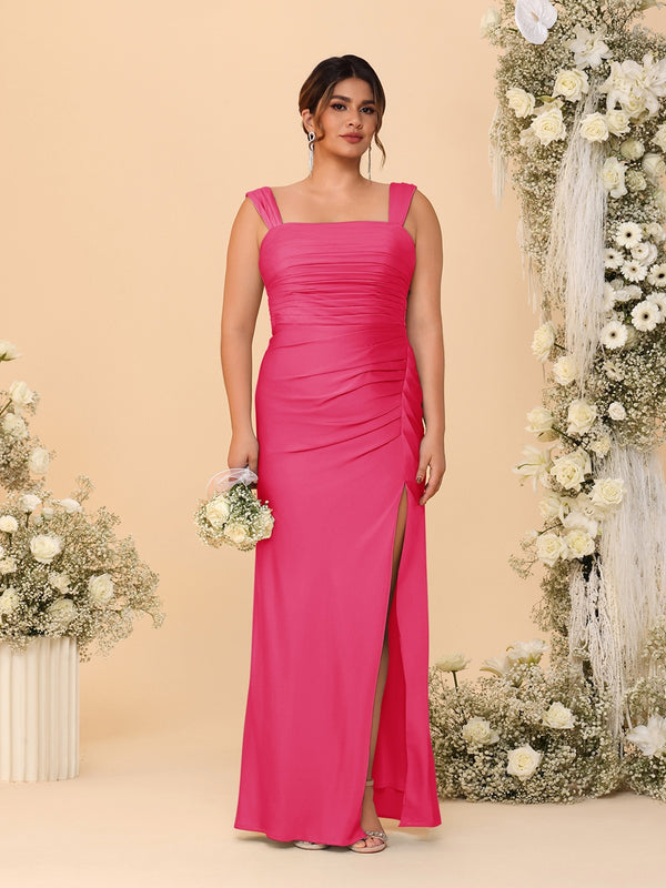 Sheath/Column Square Neck Sleeveless Floor-Length Ruched  Plus Size Bridesmaid Dresses With Side Slit