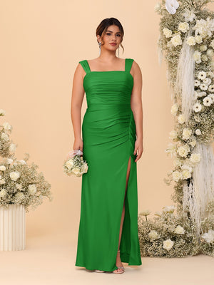 Sheath/Column Square Neck Sleeveless Floor-Length Ruched  Plus Size Bridesmaid Dresses With Side Slit