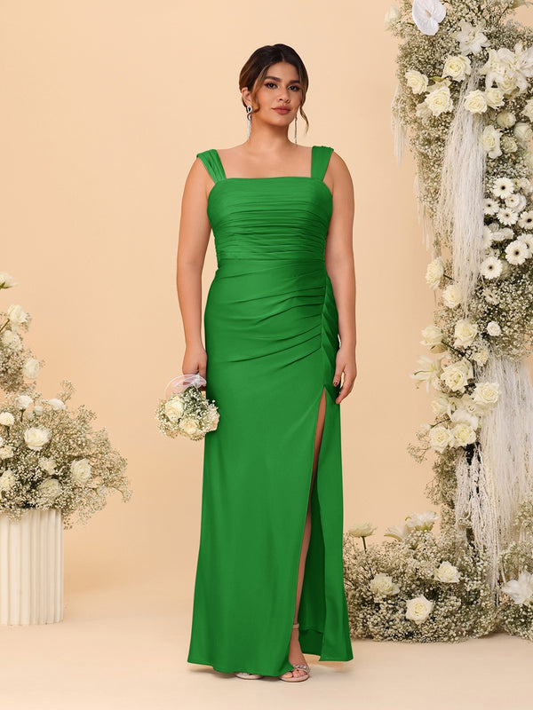 Sheath/Column Square Neck Sleeveless Floor-Length Ruched  Plus Size Bridesmaid Dresses With Side Slit