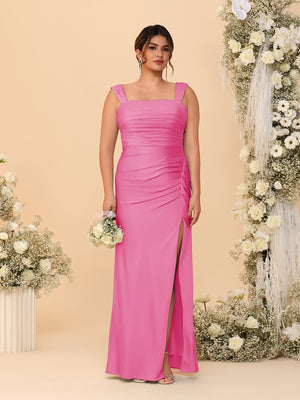 Sheath/Column Square Neck Sleeveless Floor-Length Ruched  Plus Size Bridesmaid Dresses With Side Slit