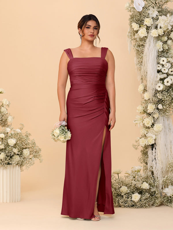 Sheath/Column Square Neck Sleeveless Floor-Length Ruched  Plus Size Bridesmaid Dresses With Side Slit