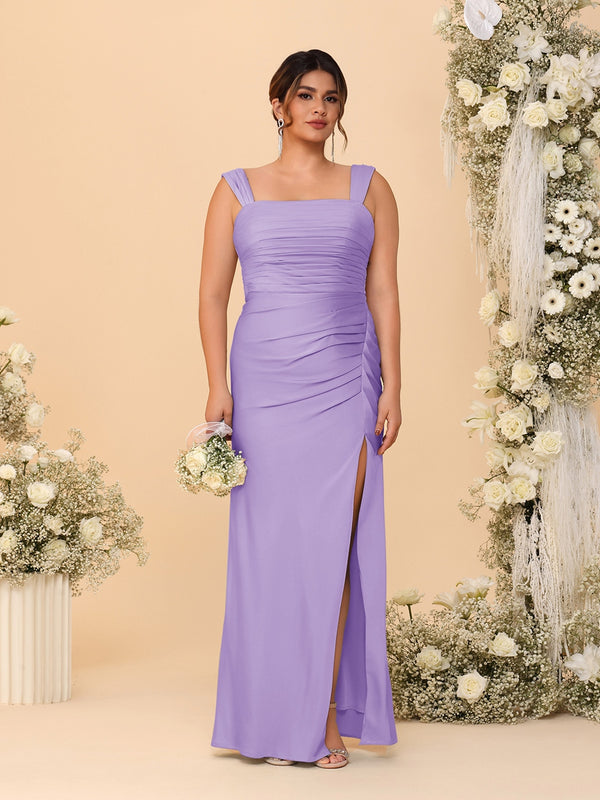 Sheath/Column Square Neck Sleeveless Floor-Length Ruched  Plus Size Bridesmaid Dresses With Side Slit