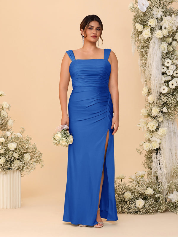 Sheath/Column Square Neck Sleeveless Floor-Length Ruched  Plus Size Bridesmaid Dresses With Side Slit