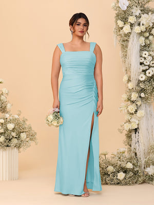 Sheath/Column Square Neck Sleeveless Floor-Length Ruched  Plus Size Bridesmaid Dresses With Side Slit