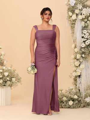 Sheath/Column Square Neck Sleeveless Floor-Length Ruched  Plus Size Bridesmaid Dresses With Side Slit