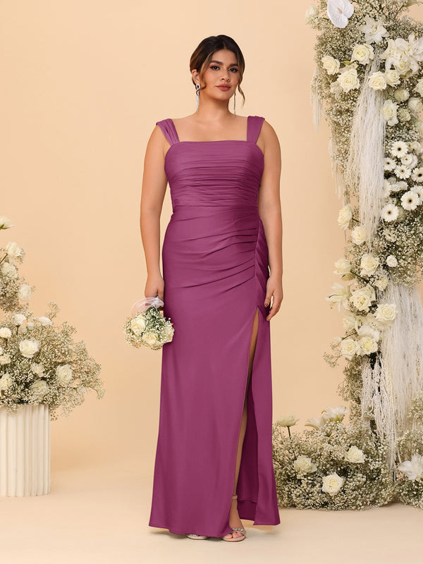 Sheath/Column Square Neck Sleeveless Floor-Length Ruched  Plus Size Bridesmaid Dresses With Side Slit
