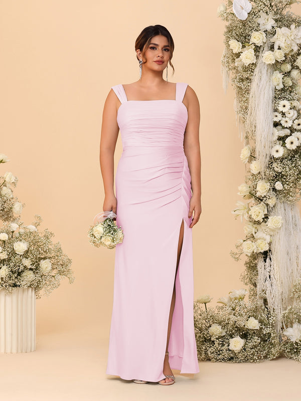 Sheath/Column Square Neck Sleeveless Floor-Length Ruched  Plus Size Bridesmaid Dresses With Side Slit