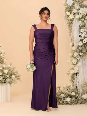 Sheath/Column Square Neck Sleeveless Floor-Length Ruched  Plus Size Bridesmaid Dresses With Side Slit