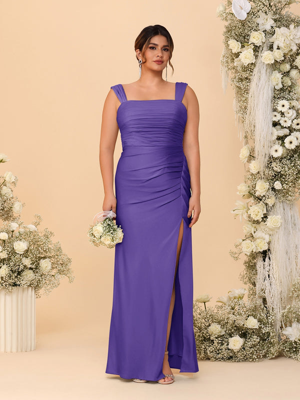 Sheath/Column Square Neck Sleeveless Floor-Length Ruched  Plus Size Bridesmaid Dresses With Side Slit