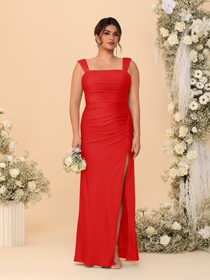 Sheath/Column Square Neck Sleeveless Floor-Length Ruched  Plus Size Bridesmaid Dresses With Side Slit