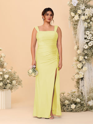 Sheath/Column Square Neck Sleeveless Floor-Length Ruched  Plus Size Bridesmaid Dresses With Side Slit