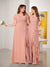 A-Line/Princess V-Neck Sleeveless Ruched Long Chiffon Bridesmaid Dresses With Side Slit & Ruffles