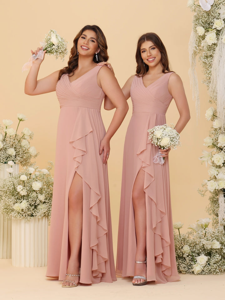 A-Line/Princess V-Neck Sleeveless Ruched Long Chiffon Bridesmaid Dresses With Side Slit &amp; Ruffles