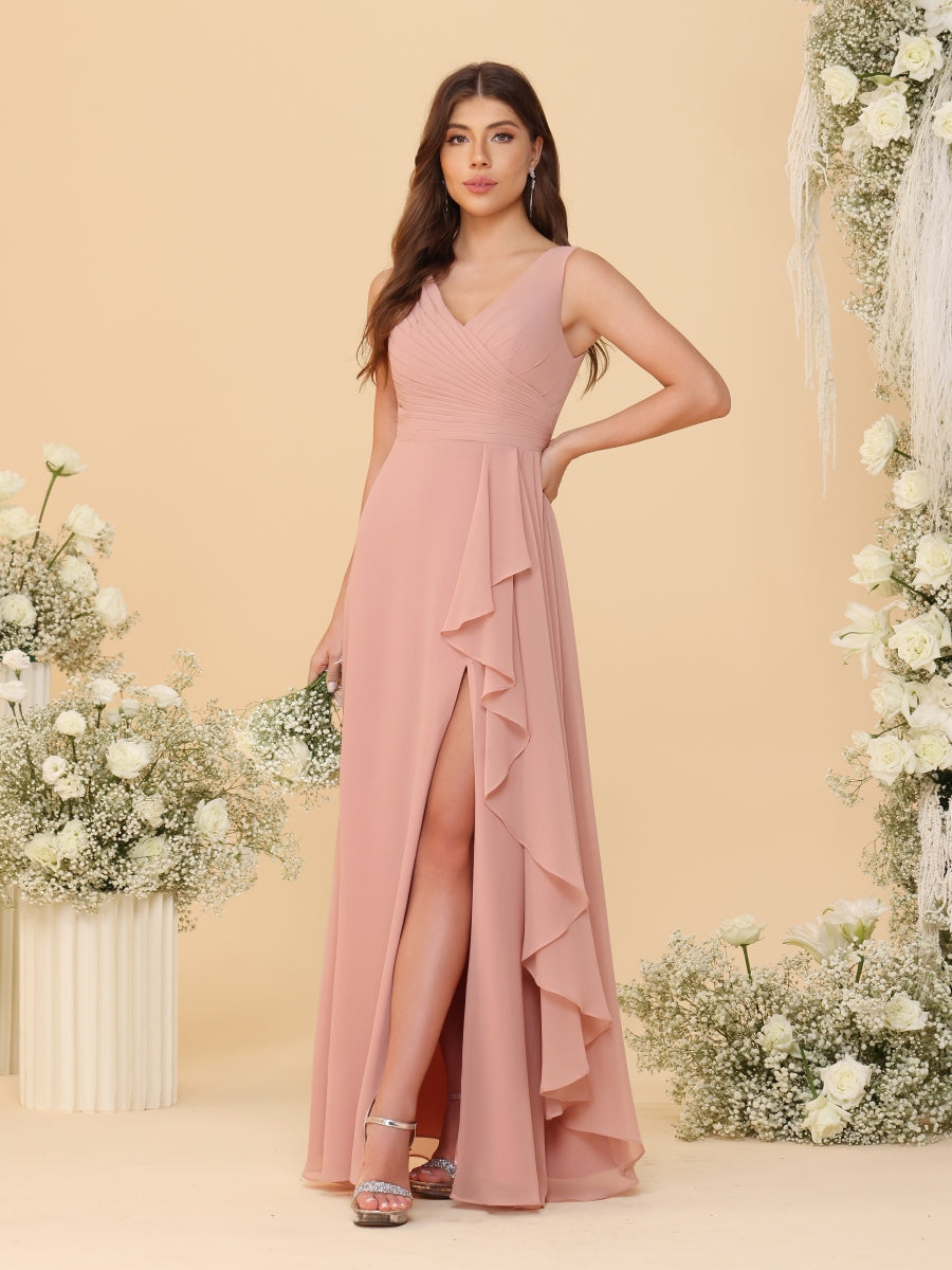 A-Line/Princess V-Neck Sleeveless Ruched Long Chiffon Bridesmaid Dresses With Side Slit &amp; Ruffles