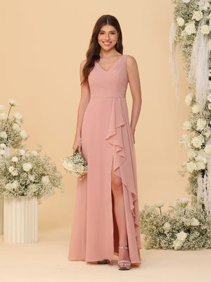 A-Line/Princess V-Neck Sleeveless Ruched Long Chiffon Bridesmaid Dresses With Side Slit & Ruffles