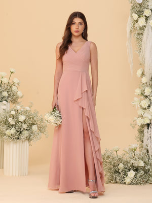 A-Line/Princess V-Neck Sleeveless Ruched Long Chiffon Bridesmaid Dresses With Side Slit & Ruffles