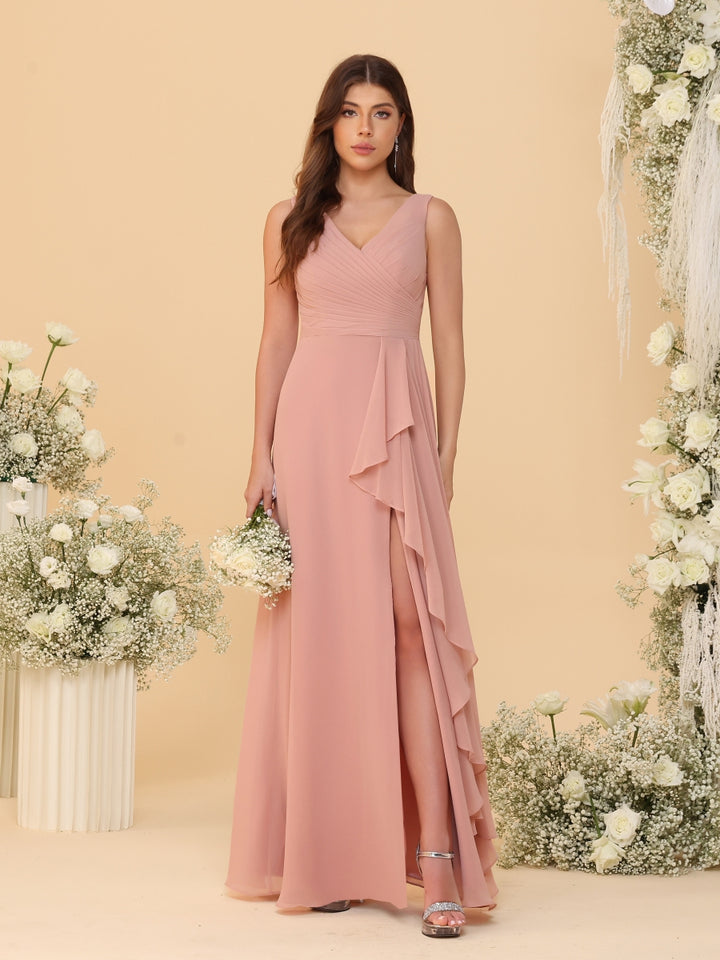 A-Line/Princess V-Neck Sleeveless Ruched Long Chiffon Bridesmaid Dresses With Side Slit &amp; Ruffles