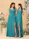 A-Line/Princess V-Neck Sleeveless Ruched Long Chiffon Bridesmaid Dresses With Side Slit & Ruffles