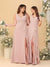 A-Line/Princess V-Neck Sleeveless Ruched Long Chiffon Bridesmaid Dresses With Side Slit & Ruffles
