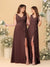 A-Line/Princess V-Neck Sleeveless Ruched Long Chiffon Bridesmaid Dresses With Side Slit & Ruffles