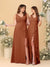 A-Line/Princess V-Neck Sleeveless Ruched Long Chiffon Bridesmaid Dresses With Side Slit & Ruffles