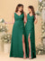 A-Line/Princess V-Neck Sleeveless Ruched Long Chiffon Bridesmaid Dresses With Side Slit & Ruffles