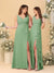 A-Line/Princess V-Neck Sleeveless Ruched Long Chiffon Bridesmaid Dresses With Side Slit & Ruffles