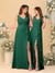 A-Line/Princess V-Neck Sleeveless Ruched Long Chiffon Bridesmaid Dresses With Side Slit & Ruffles
