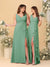 A-Line/Princess V-Neck Sleeveless Ruched Long Chiffon Bridesmaid Dresses With Side Slit & Ruffles