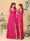 A-Line/Princess V-Neck Sleeveless Ruched Long Chiffon Bridesmaid Dresses With Side Slit & Ruffles