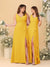 A-Line/Princess V-Neck Sleeveless Ruched Long Chiffon Bridesmaid Dresses With Side Slit & Ruffles