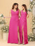 A-Line/Princess V-Neck Sleeveless Ruched Long Chiffon Bridesmaid Dresses With Side Slit & Ruffles