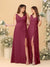 A-Line/Princess V-Neck Sleeveless Ruched Long Chiffon Bridesmaid Dresses With Side Slit & Ruffles