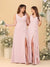 A-Line/Princess V-Neck Sleeveless Ruched Long Chiffon Bridesmaid Dresses With Side Slit & Ruffles