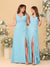 A-Line/Princess V-Neck Sleeveless Ruched Long Chiffon Bridesmaid Dresses With Side Slit & Ruffles