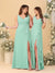 A-Line/Princess V-Neck Sleeveless Ruched Long Chiffon Bridesmaid Dresses With Side Slit & Ruffles