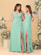 A-Line/Princess V-Neck Sleeveless Ruched Long Chiffon Bridesmaid Dresses With Side Slit & Ruffles
