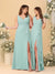 A-Line/Princess V-Neck Sleeveless Ruched Long Chiffon Bridesmaid Dresses With Side Slit & Ruffles