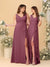 A-Line/Princess V-Neck Sleeveless Ruched Long Chiffon Bridesmaid Dresses With Side Slit & Ruffles