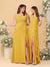 A-Line/Princess V-Neck Sleeveless Ruched Long Chiffon Bridesmaid Dresses With Side Slit & Ruffles