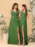 A-Line/Princess V-Neck Sleeveless Ruched Long Chiffon Bridesmaid Dresses With Side Slit & Ruffles