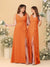 A-Line/Princess V-Neck Sleeveless Ruched Long Chiffon Bridesmaid Dresses With Side Slit & Ruffles