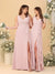 A-Line/Princess V-Neck Sleeveless Ruched Long Chiffon Bridesmaid Dresses With Side Slit & Ruffles