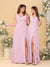 A-Line/Princess V-Neck Sleeveless Ruched Long Chiffon Bridesmaid Dresses With Side Slit & Ruffles